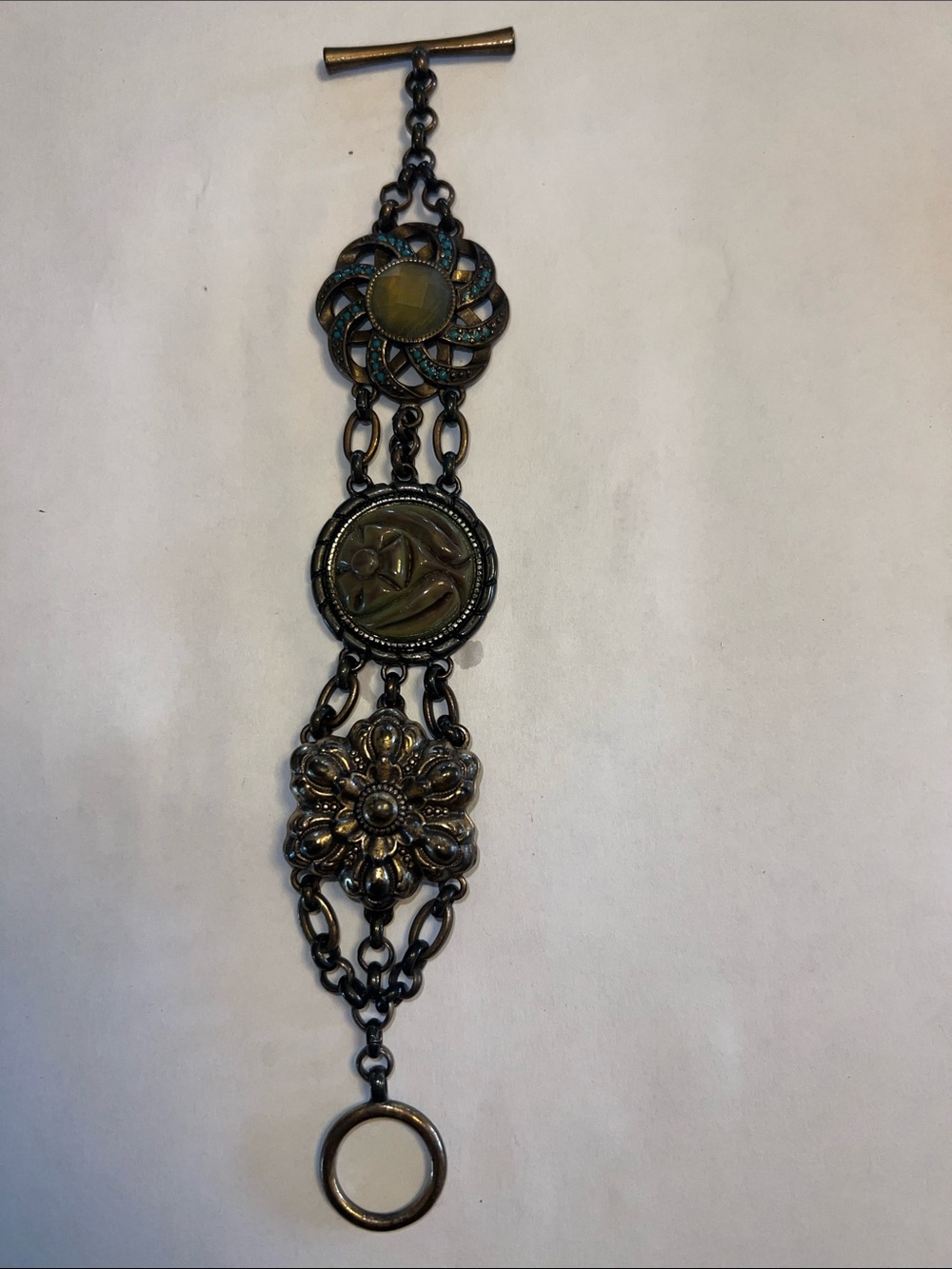 Lucky Brand Vintage Bronze Floral and Gemstone Bracelet - Olive Green